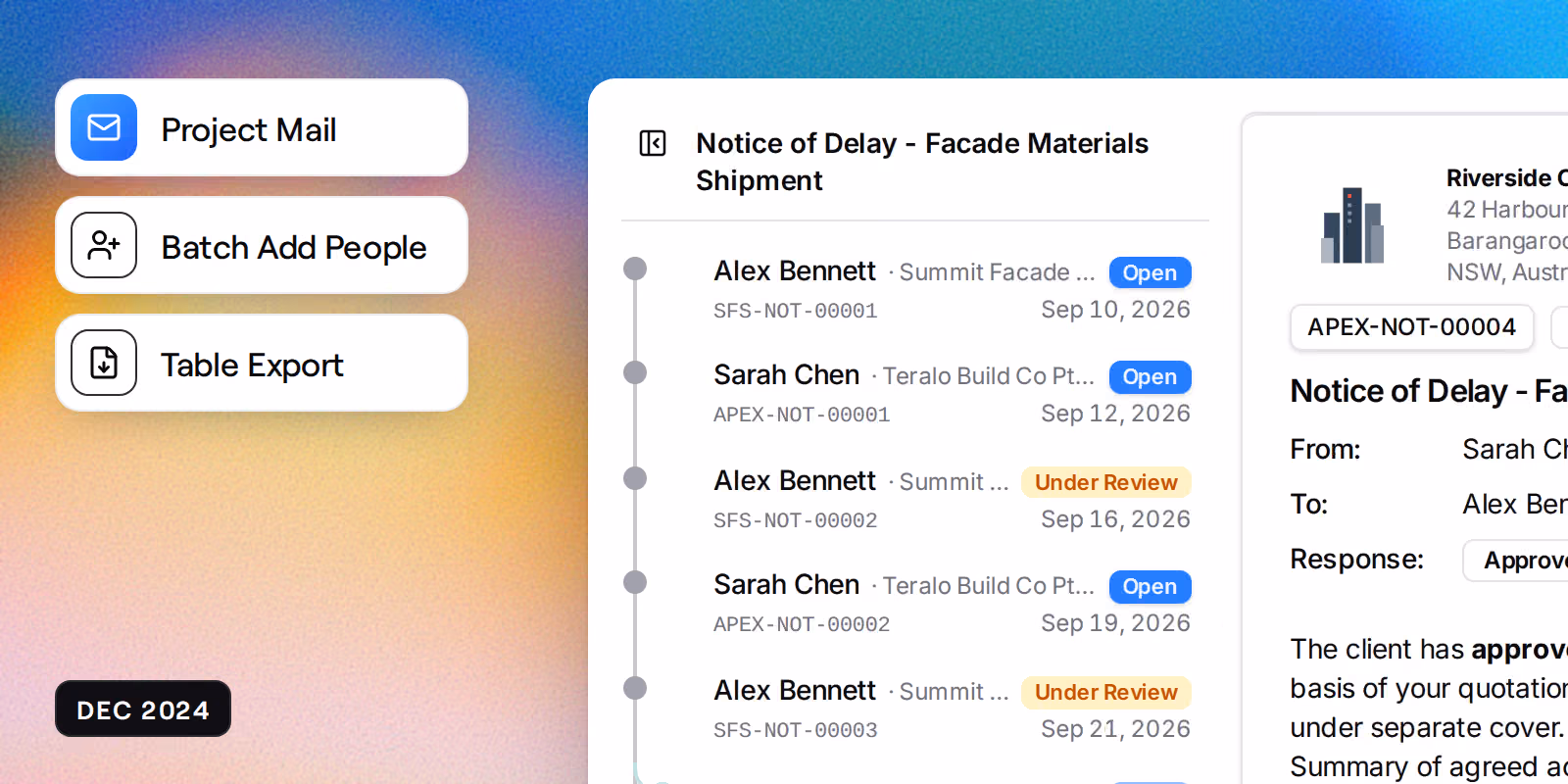 A mail thread on Notice of Delay - Facade Materials Shipment, its replies down the thread rail each with its own mail number, beside the open reply and badges reading Project Mail, Batch Add People and Table Export.