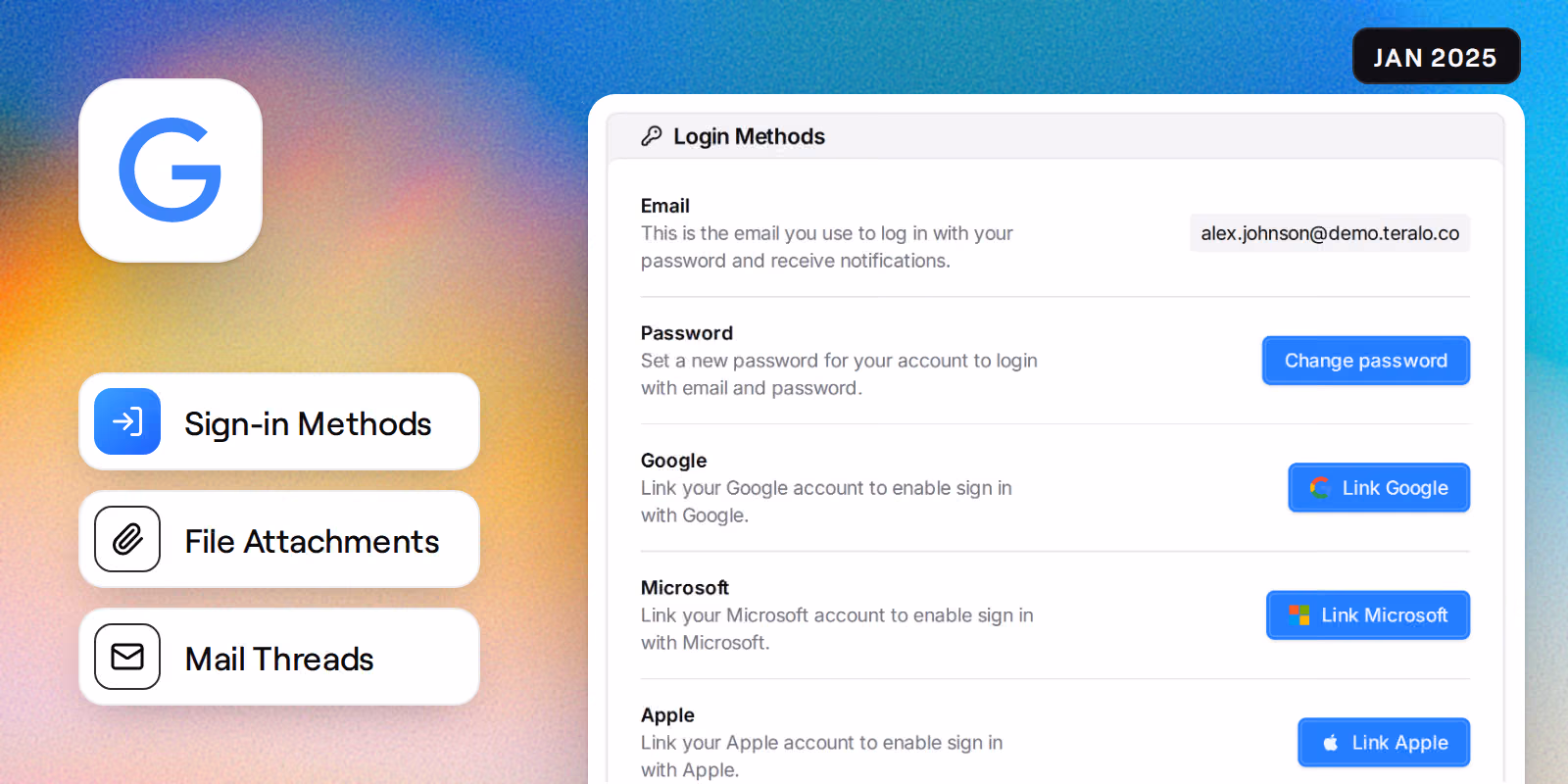 Login Methods in account security, with email and password, Link Google, Link Microsoft and Link Apple, beside the Google logo and badges reading Sign-in Methods, File Attachments and Mail Threads.
