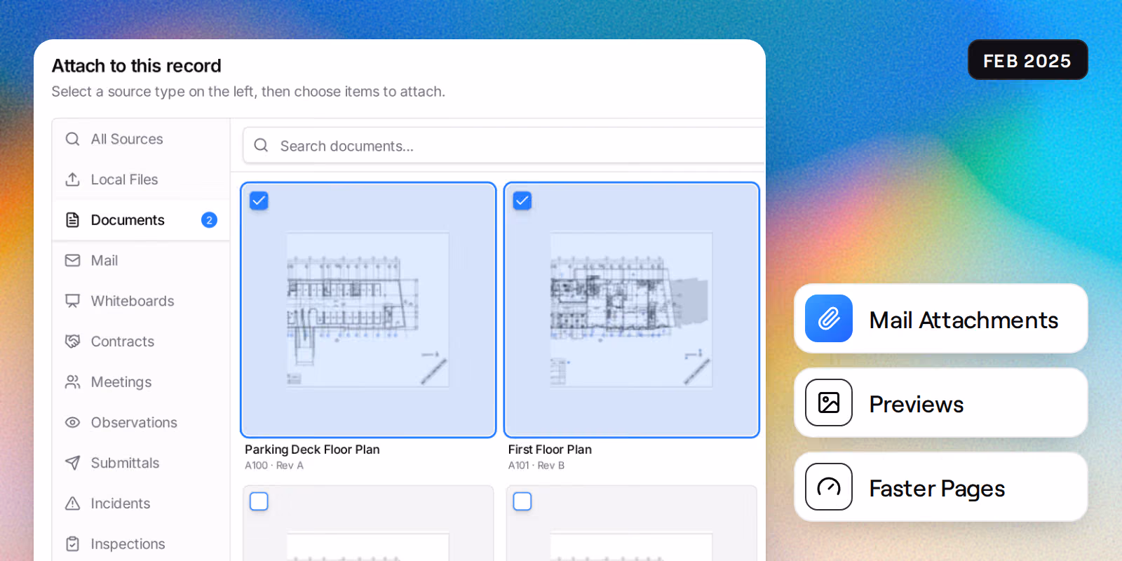 The mail attachment picker on Documents in grid view, with page previews of the drawings and two of them ticked, beside badges reading Mail Attachments, Previews and Faster Pages.