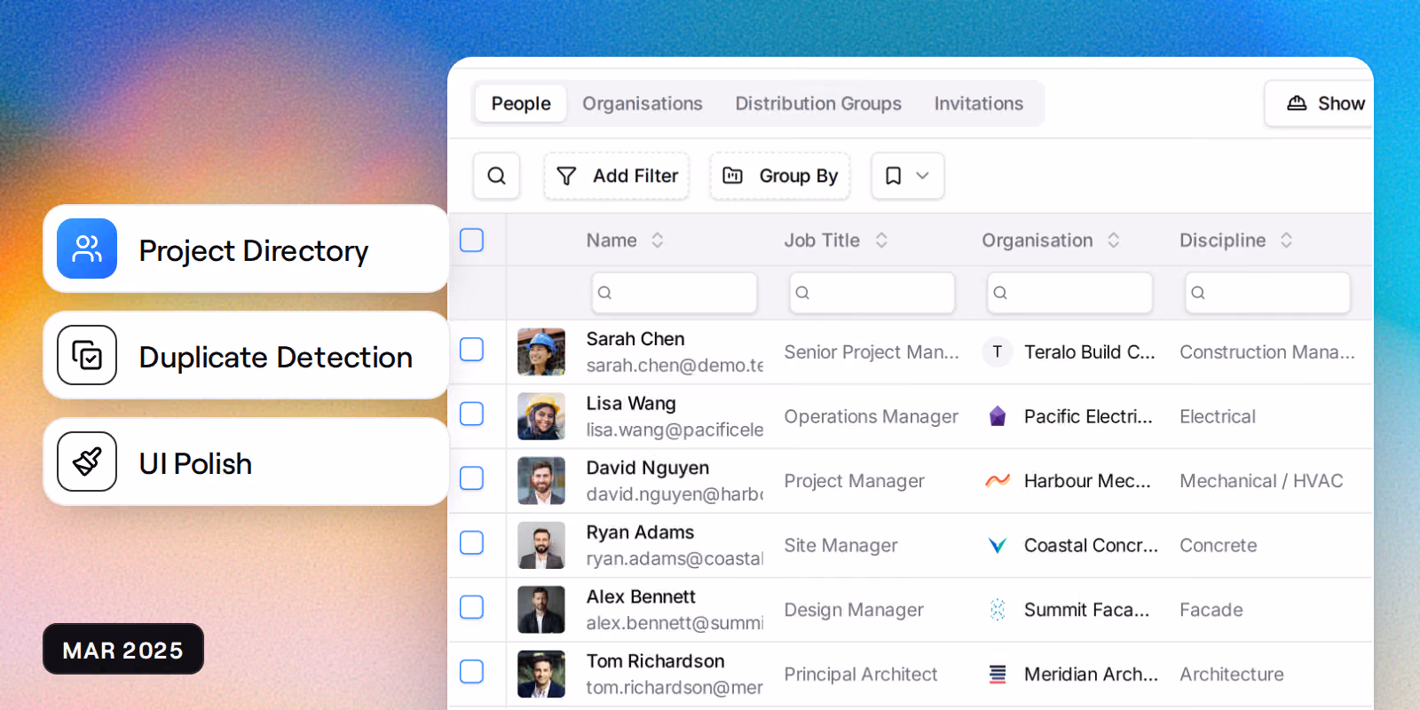The project directory's People tab, listing each person with their job title, organisation and discipline, beside badges reading Project Directory, Duplicate Detection and UI Polish.
