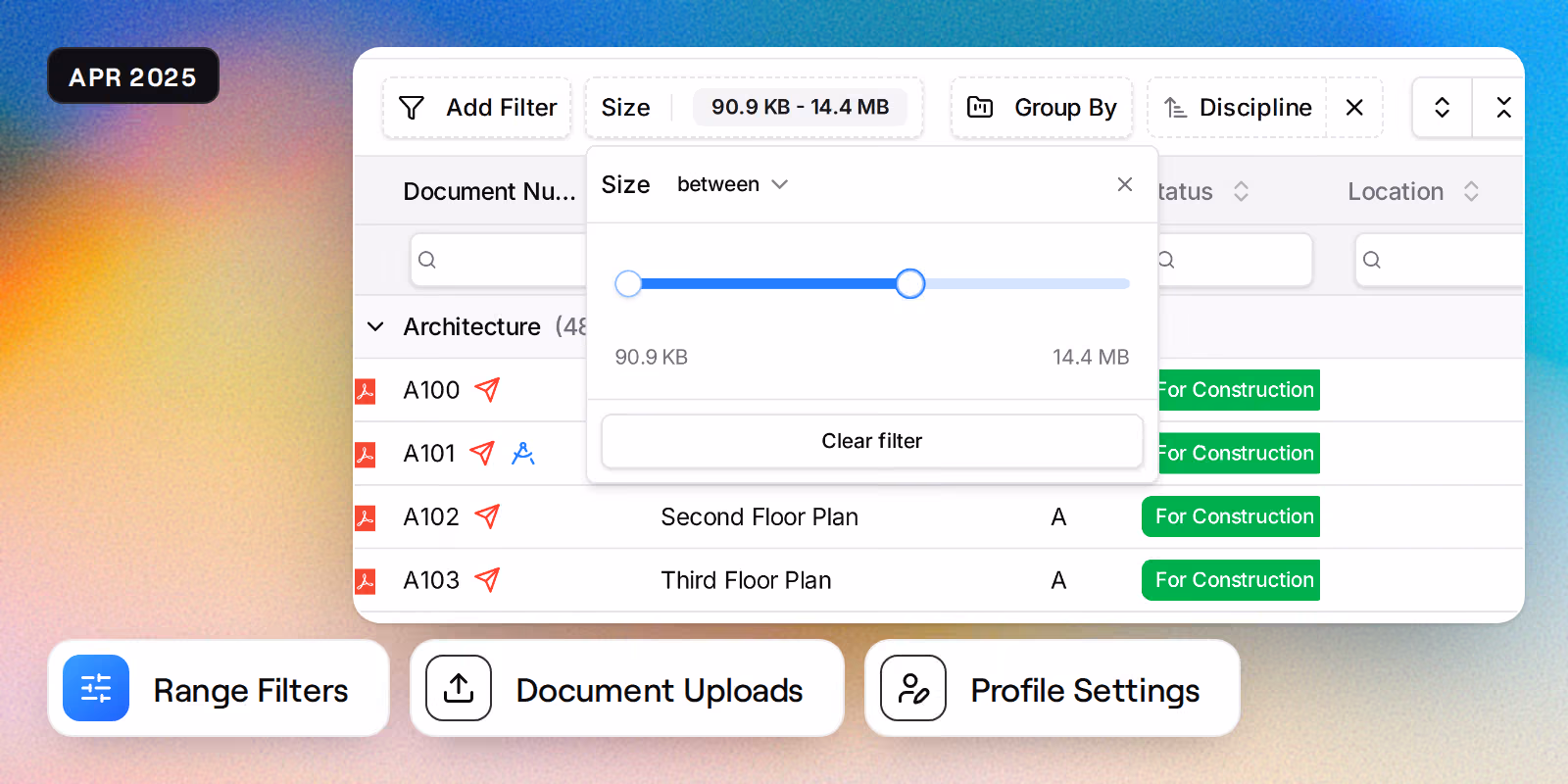 The document register filtered by size, its range slider narrowed to between 90.9 KB and 14.4 MB, above badges reading Range Filters, Document Uploads and Profile Settings.