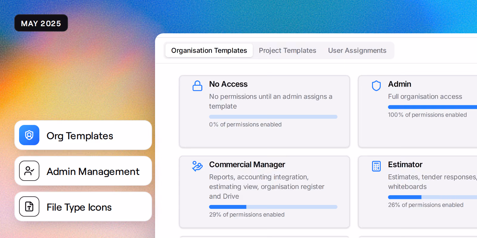 The organisation's permission templates as cards, among them No Access, Admin, Commercial Manager and Estimator, each with the share of permissions it enables, beside badges reading Org Templates, Admin Management and File Type Icons.