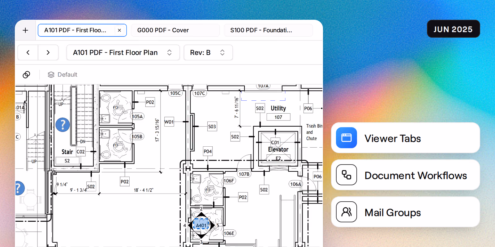 Three drawings open in viewer tabs, A101, G000 and S100, with previous and next buttons beside the document picker, beside badges reading Viewer Tabs, Document Workflows and Mail Groups.