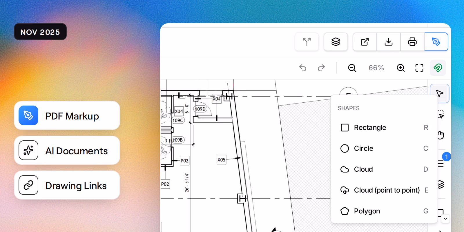 A drawing in the viewer at 66%, with the markup rail's Shapes menu open on Rectangle, Circle, Cloud, Cloud (point to point) and Polygon, beside badges reading PDF Markup, AI Documents and Drawing Links.