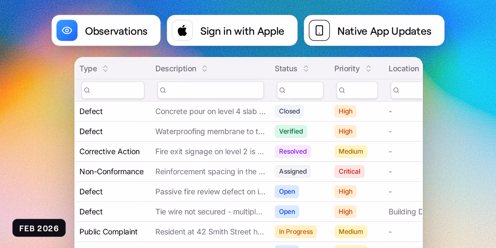 The observations register with records at Closed, Verified, Resolved, Assigned, Open and In Progress, under badges reading Observations, Sign in with Apple and Native App Updates.