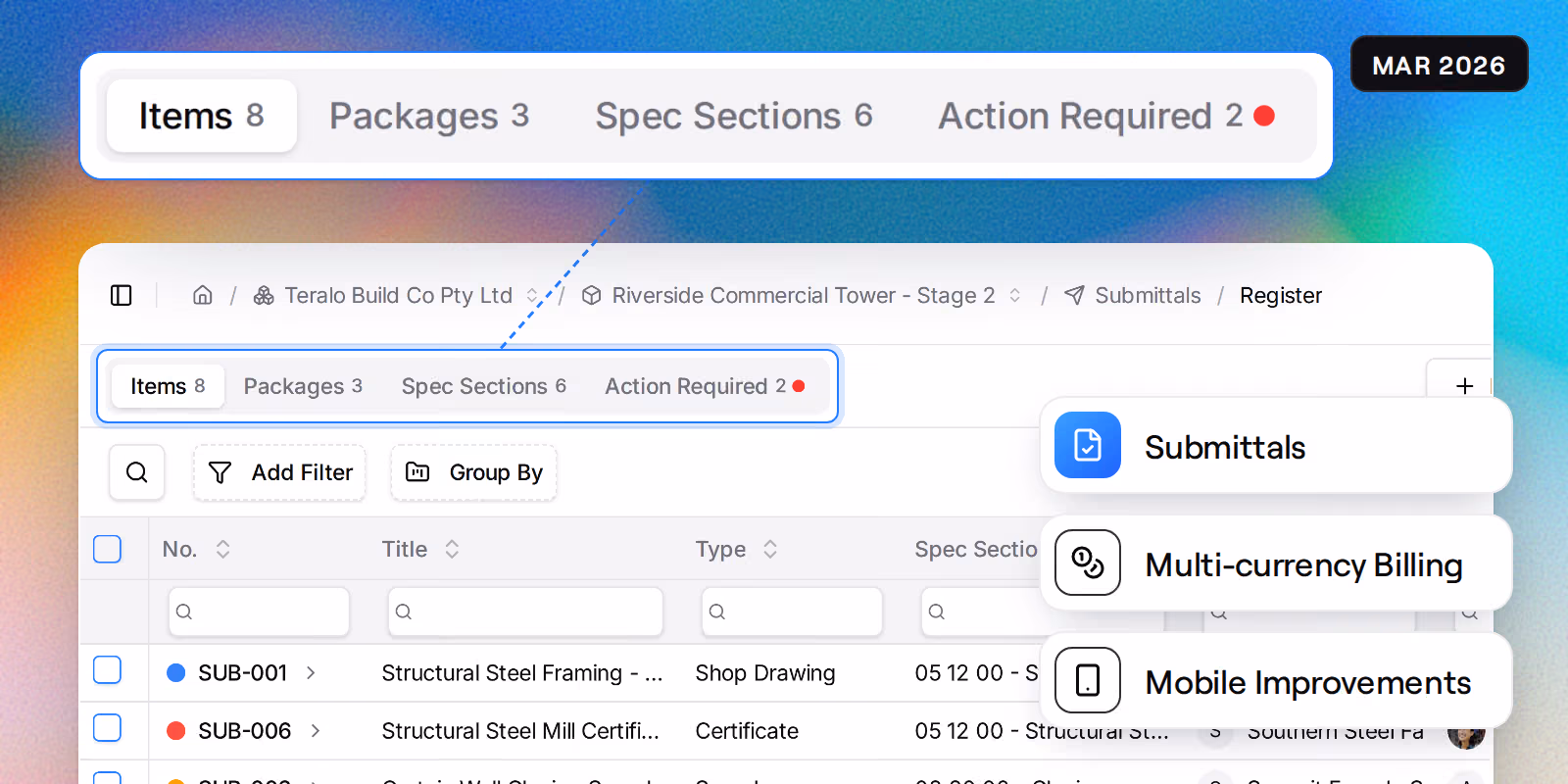 The submittals register with its Items, Packages, Spec Sections and Action Required views magnified above it, beside badges reading Submittals, Multi-currency Billing and Mobile Improvements.