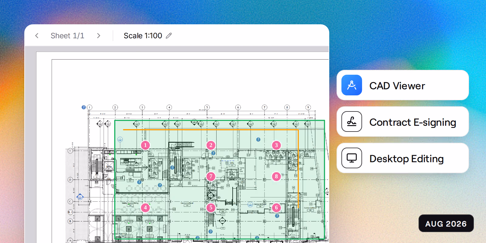 The drawing toolbar over a floor plan in an estimate, marked up with a green area, an orange line along two walls and eight numbered pink counts, beside badges reading CAD Viewer, Contract E-signing and Desktop Editing.