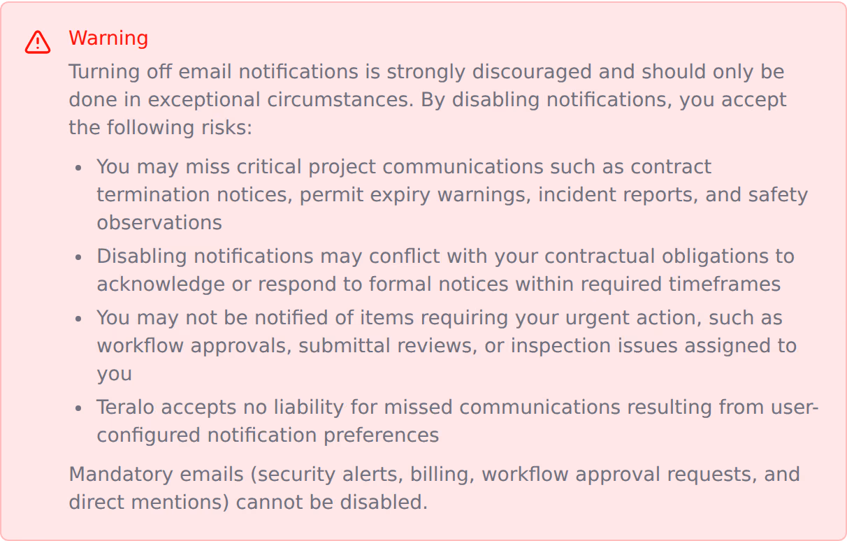 The warning panel above the notification switches, red-bordered on a red tint, listing the four risks of turning email notifications off.