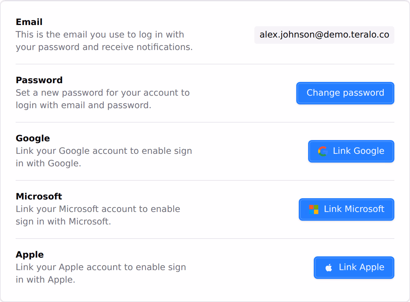 The Login Methods card in account security: the sign-in email, a Change password button, and Link buttons for Google, Microsoft and Apple.