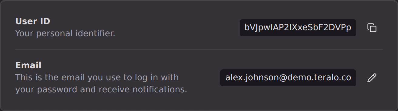 The Account card in profile settings: a user ID with a copy button beside it, and the sign-in email with a pencil.