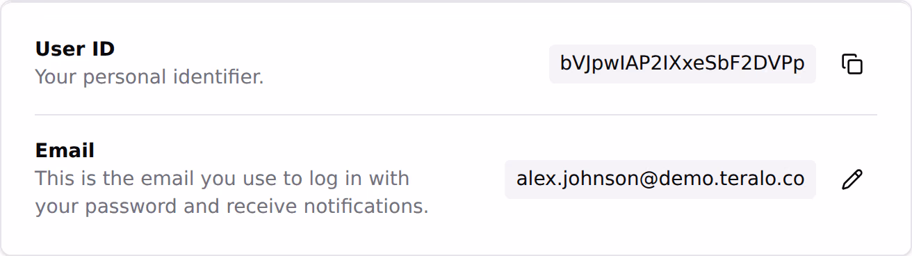 The Account card in profile settings: a user ID with a copy button beside it, and the sign-in email with a pencil.