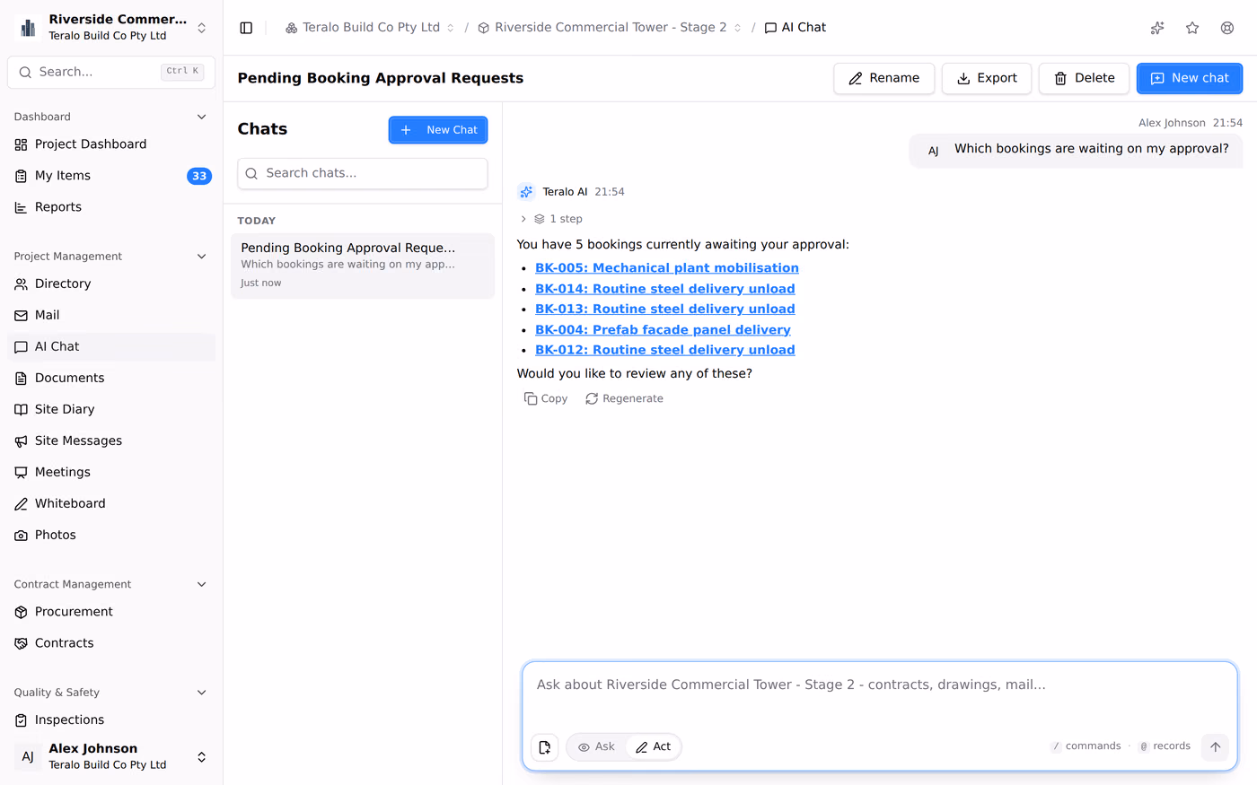 A question being typed into AI chat, and the answer arriving with the records it read.