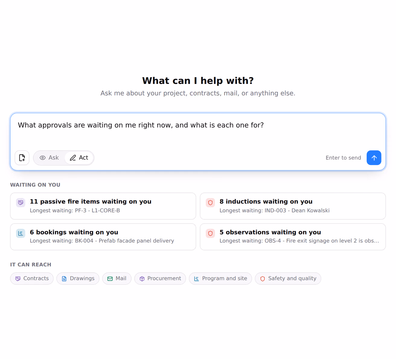 The AI Chat composer with a slash typed, the command palette open grouped under six capability headings, and Waiting on me picked so the composer holds an editable question.