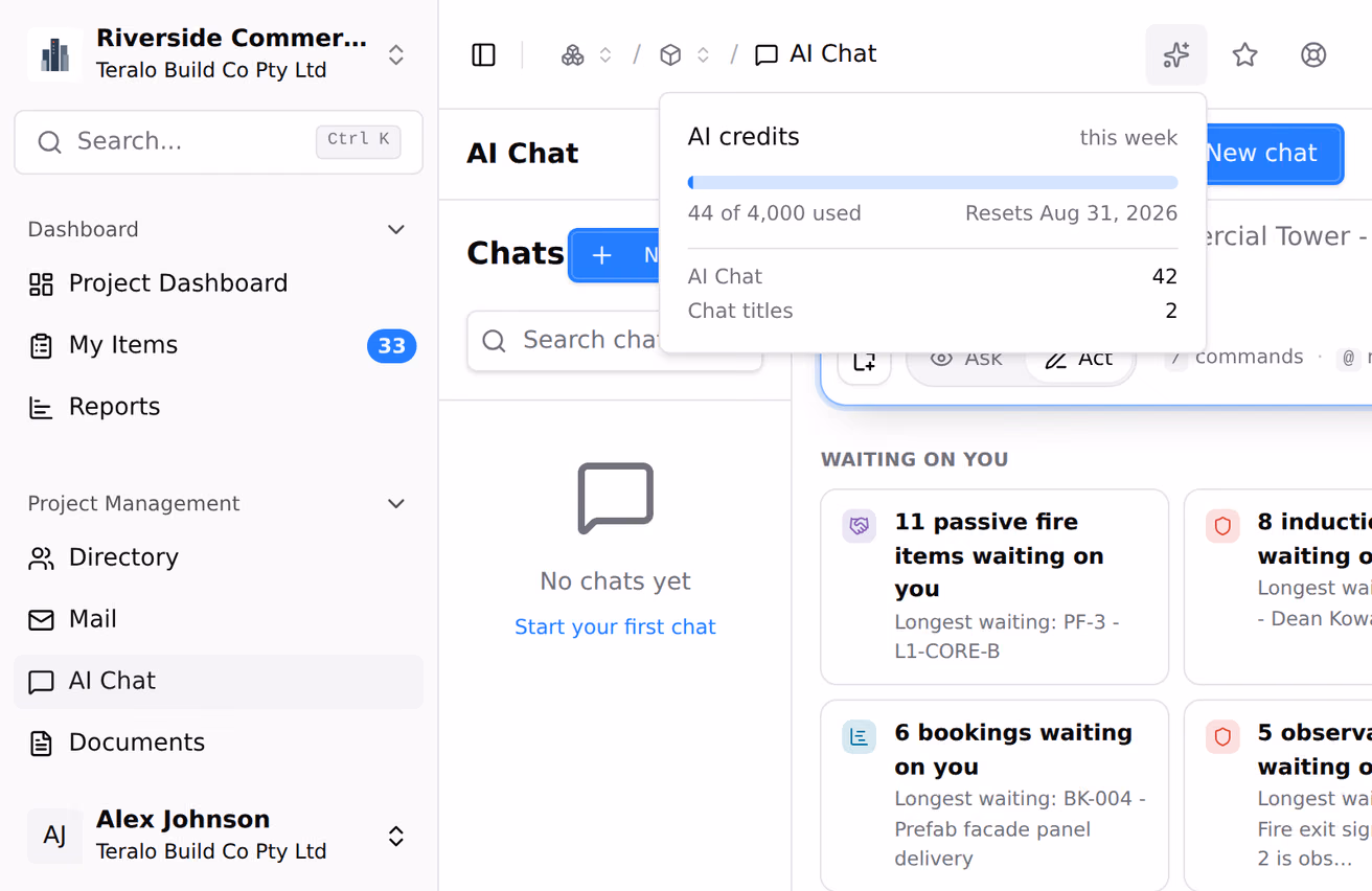 The AI credits indicator in the top bar, closed and then open on a panel showing the week’s usage, the reset date and a line of credits per feature.
