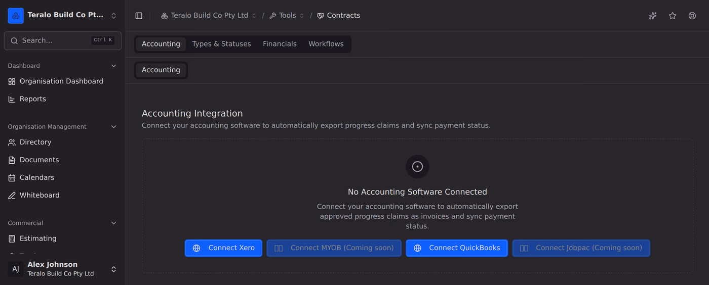 The accounting integration panel in the Contracts tool settings, offering Connect Xero and Connect QuickBooks beside MYOB and Jobpac marked Coming soon.