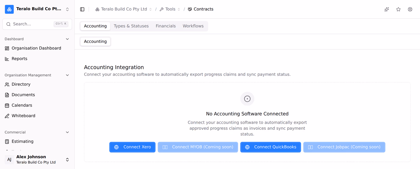 The accounting integration panel in the Contracts tool settings, offering Connect Xero and Connect QuickBooks beside MYOB and Jobpac marked Coming soon.