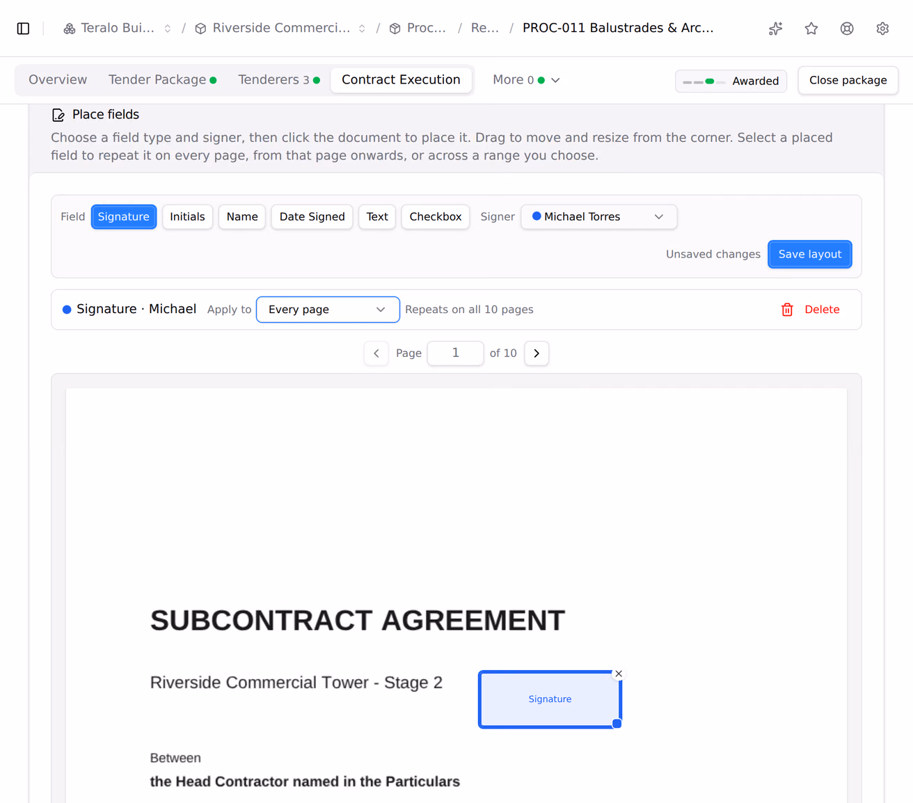 A signature field placed on a draft contract page and then set to repeat on every page, with the repeated field drawn dashed on the next page.
