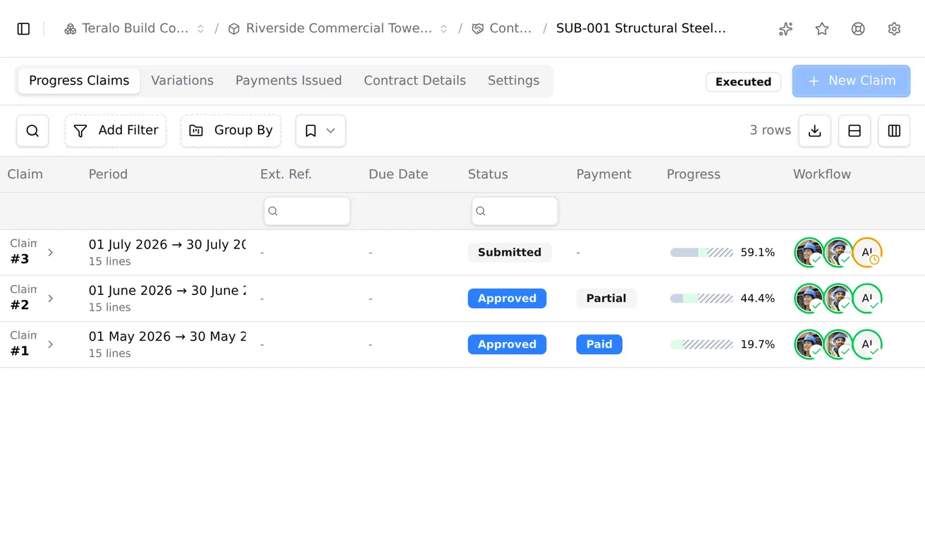 The tab strip inside a contract moving across progress claims, variations, payments issued and contract details, with the panel underneath changing each time.