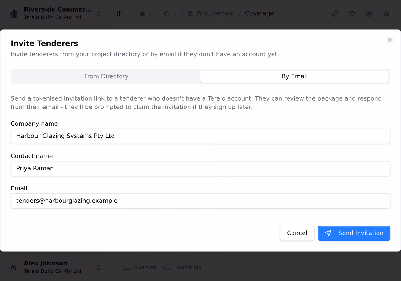 The invite dialog on a procurement package, offering an invitation from the project directory or by email to a firm with no Teralo account.