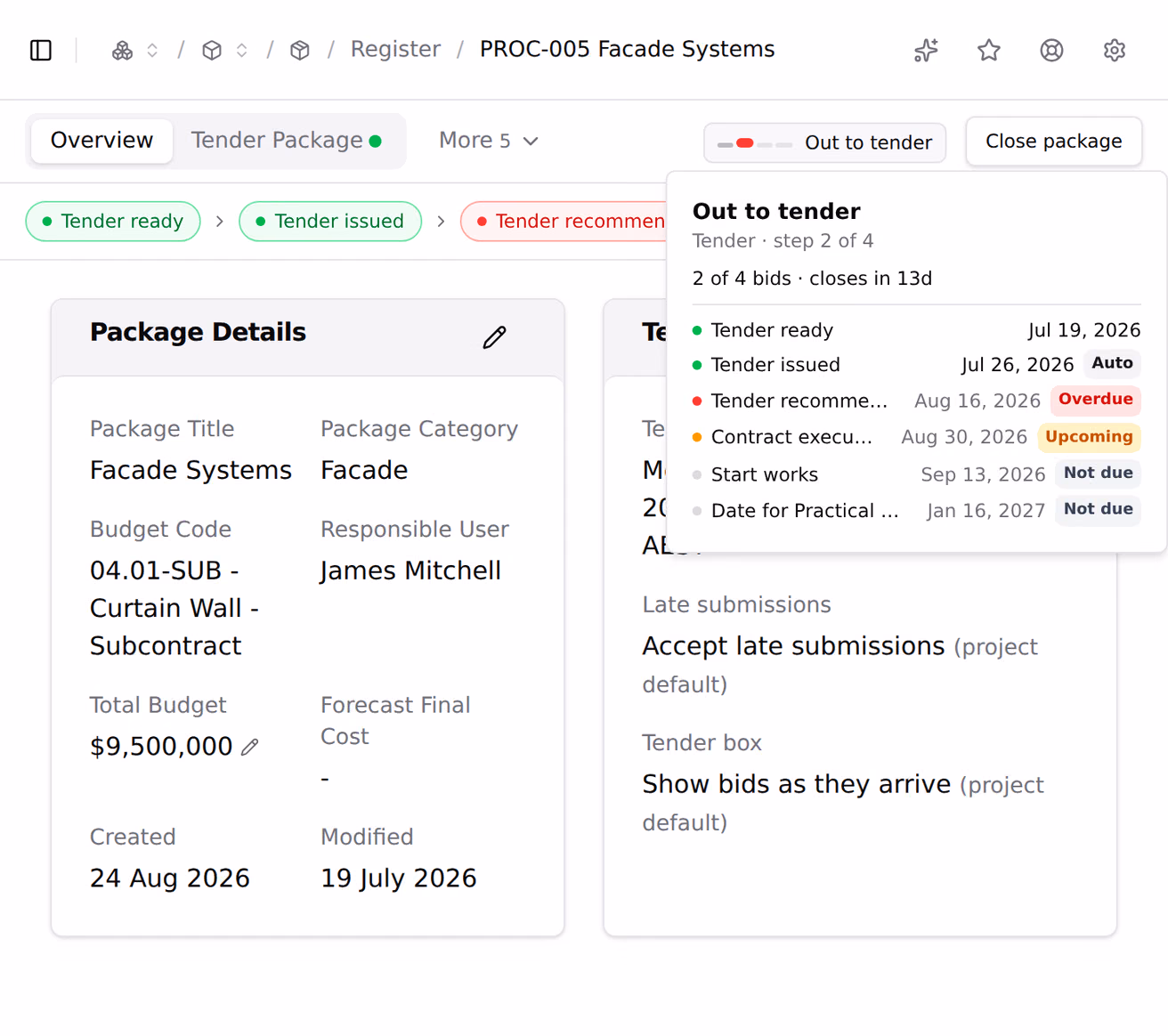 A package header showing its four-segment stage track, opened into a panel naming the phase, what the package is waiting on, and every milestone with its date and whether it was captured automatically.