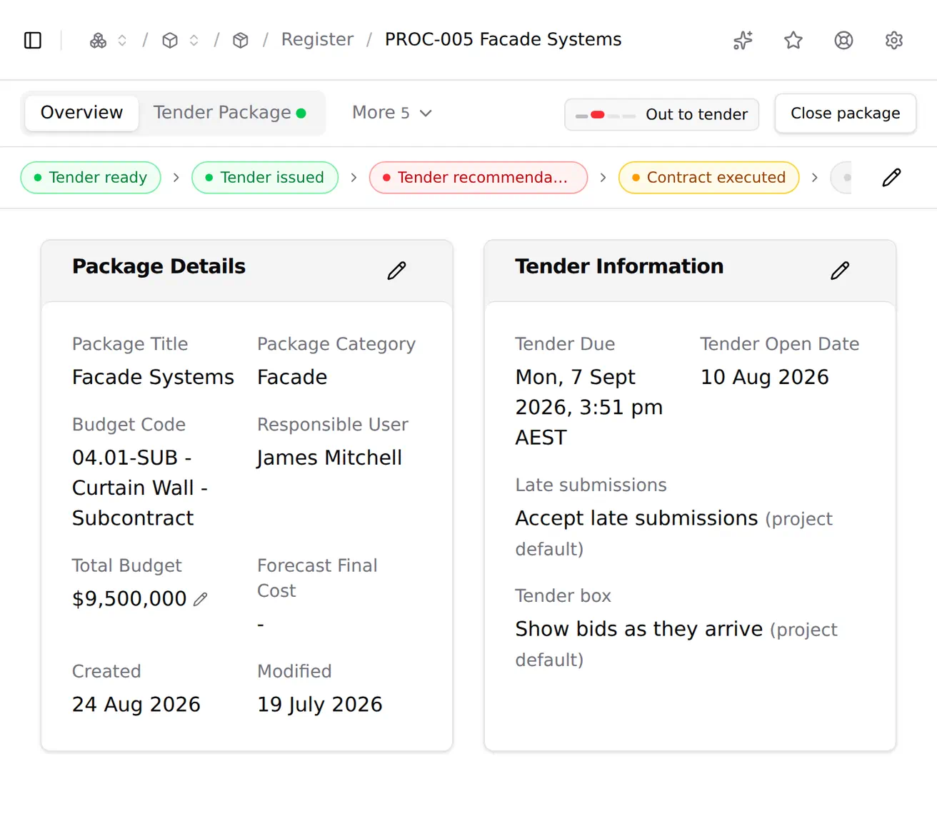 A package header showing its four-segment stage track, opened into a panel naming the phase, what the package is waiting on, and every milestone with its date and whether it was captured automatically.
