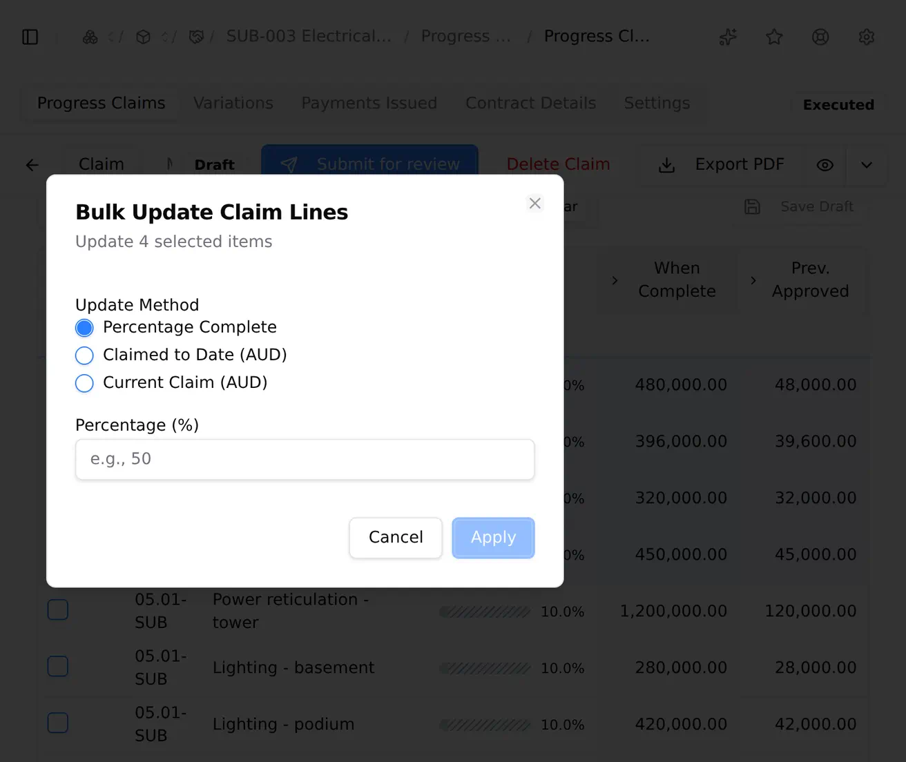 The bulk update dialog on a progress claim, offering percentage complete, claimed to date or current claim, and previewing the before and after figures on a sample line before it commits.