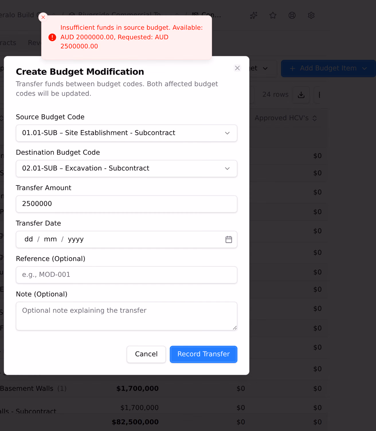A budget transfer refused, with a source code, a destination code and an amount filled in, and a message naming what the source code has available against what was requested.