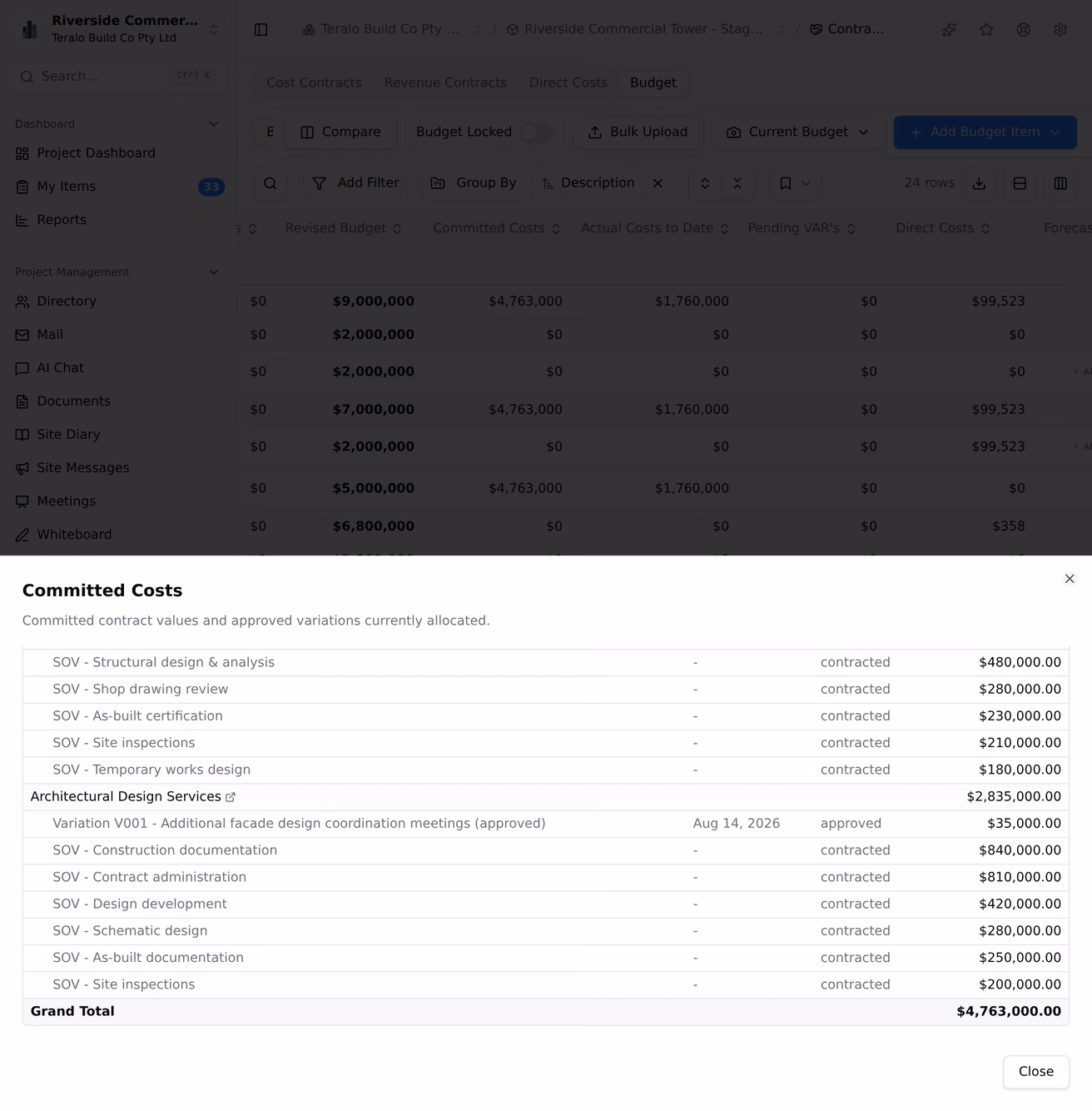 A committed costs figure on the contract budget opened into a panel naming its budget code and listing the contracts and variations the figure was aggregated from.