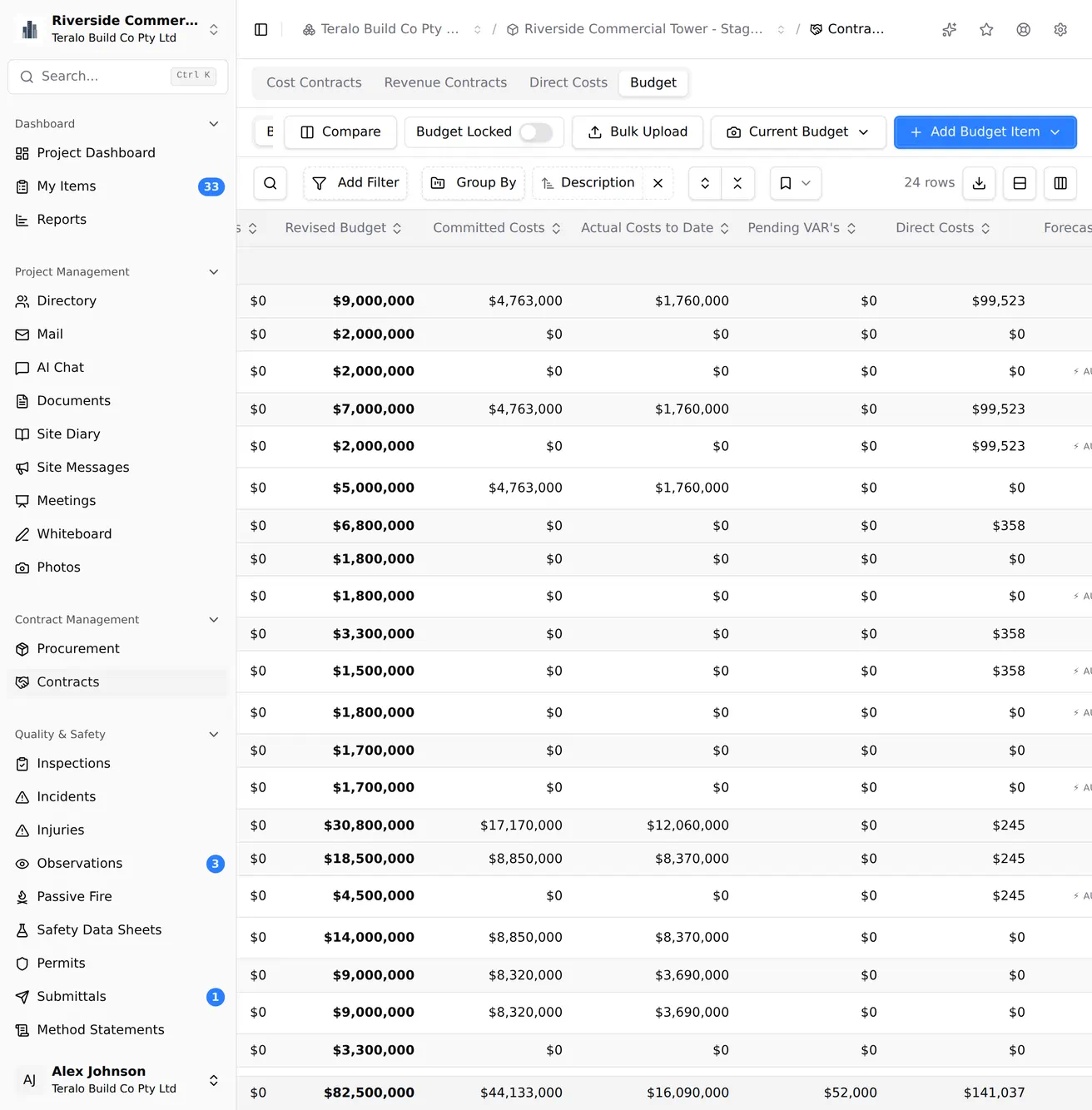 A committed costs figure on the contract budget opened into a panel naming its budget code and listing the contracts and variations the figure was aggregated from.