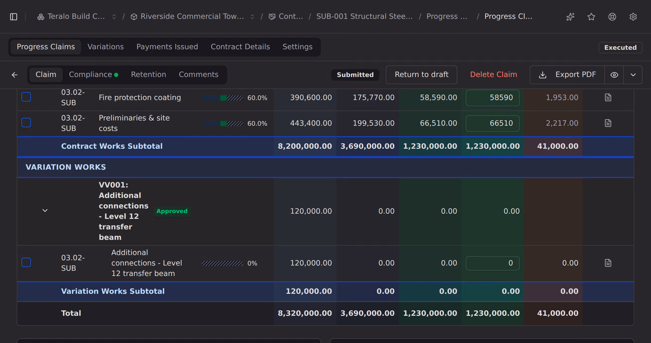 The variation works block on a progress claim, listing approved variations underneath the contract works with a subtotal of their own.
