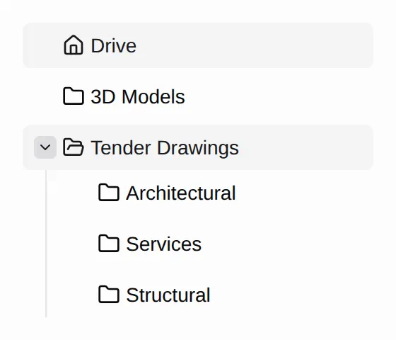 A folder tree in Drive, with Tender Drawings expanded into its Architectural, Structural and Services subfolders.