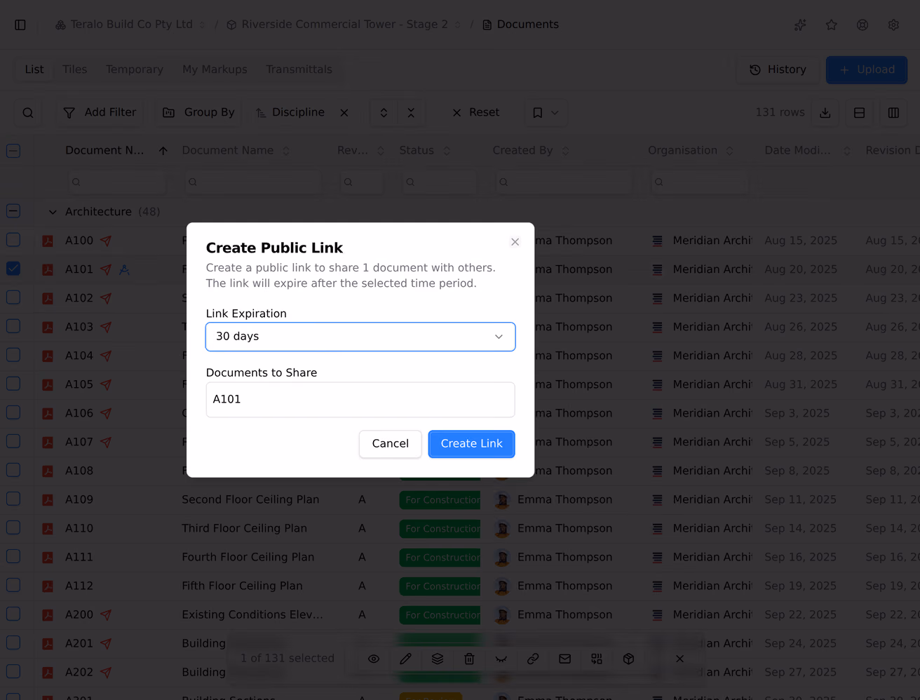 A document's selection bar offering a public link, a transmittal and two download options, then the public link dialog with its expiry choice open.