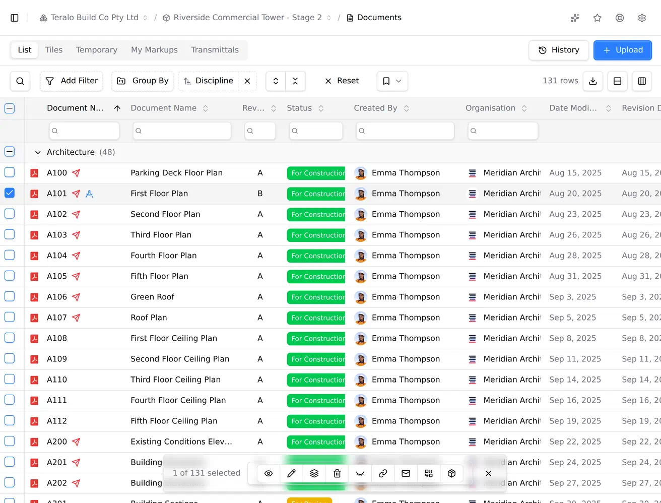 A document's selection bar offering a public link, a transmittal and two download options, then the public link dialog with its expiry choice open.