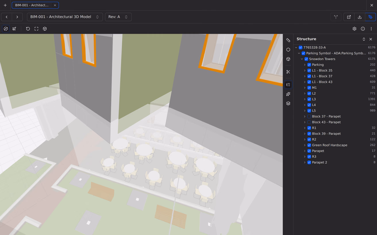 The IFC 3D model viewer, orbiting the project's architectural coordination model.