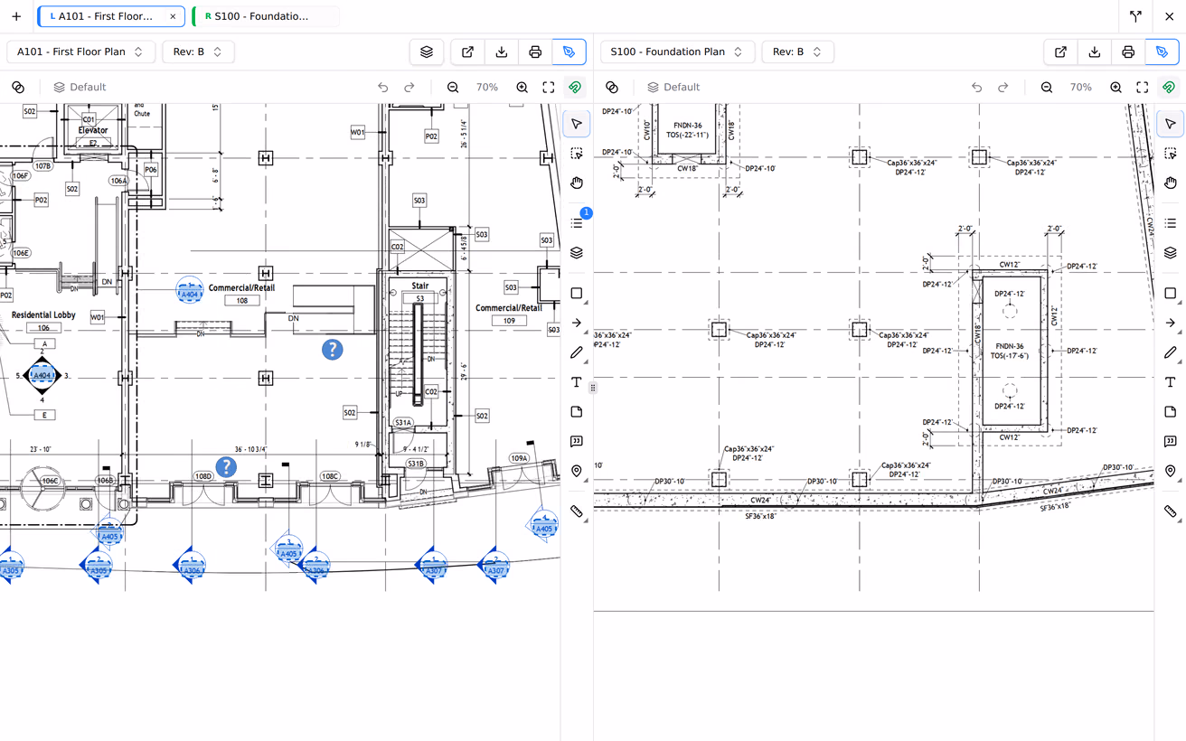 A document viewer with one drawing open, then two drawings side by side in split view, each with its own zoom and page controls.