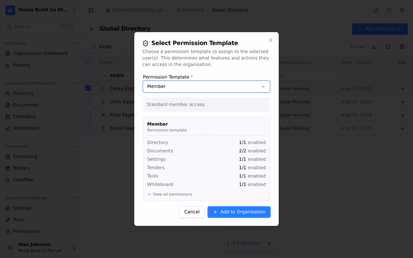Adding somebody to an organisation from the global directory, ending on the organisation permission template picker with a template chosen.