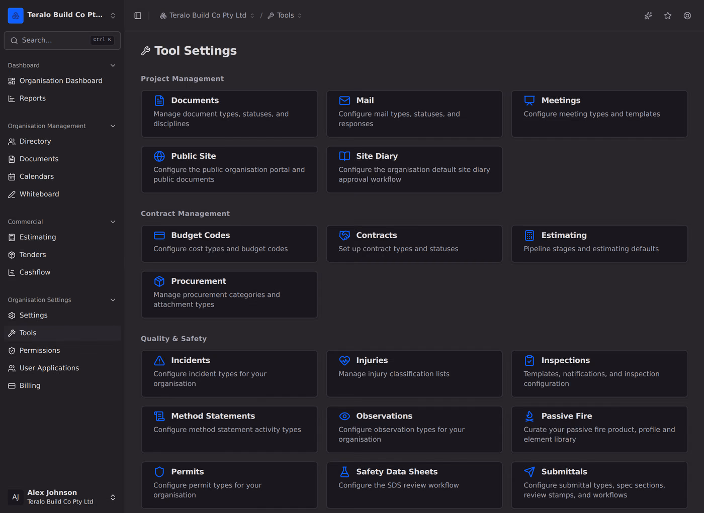 The organisation tool catalogue, a card per tool grouped by module, each naming what its settings cover.
