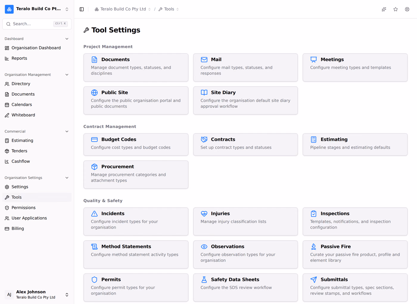 The organisation tool catalogue, a card per tool grouped by module, each naming what its settings cover.