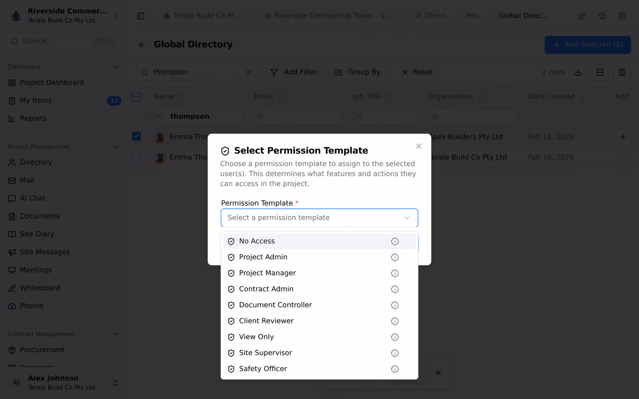 Somebody being added to a project from the global directory, ending on the permission template picker.