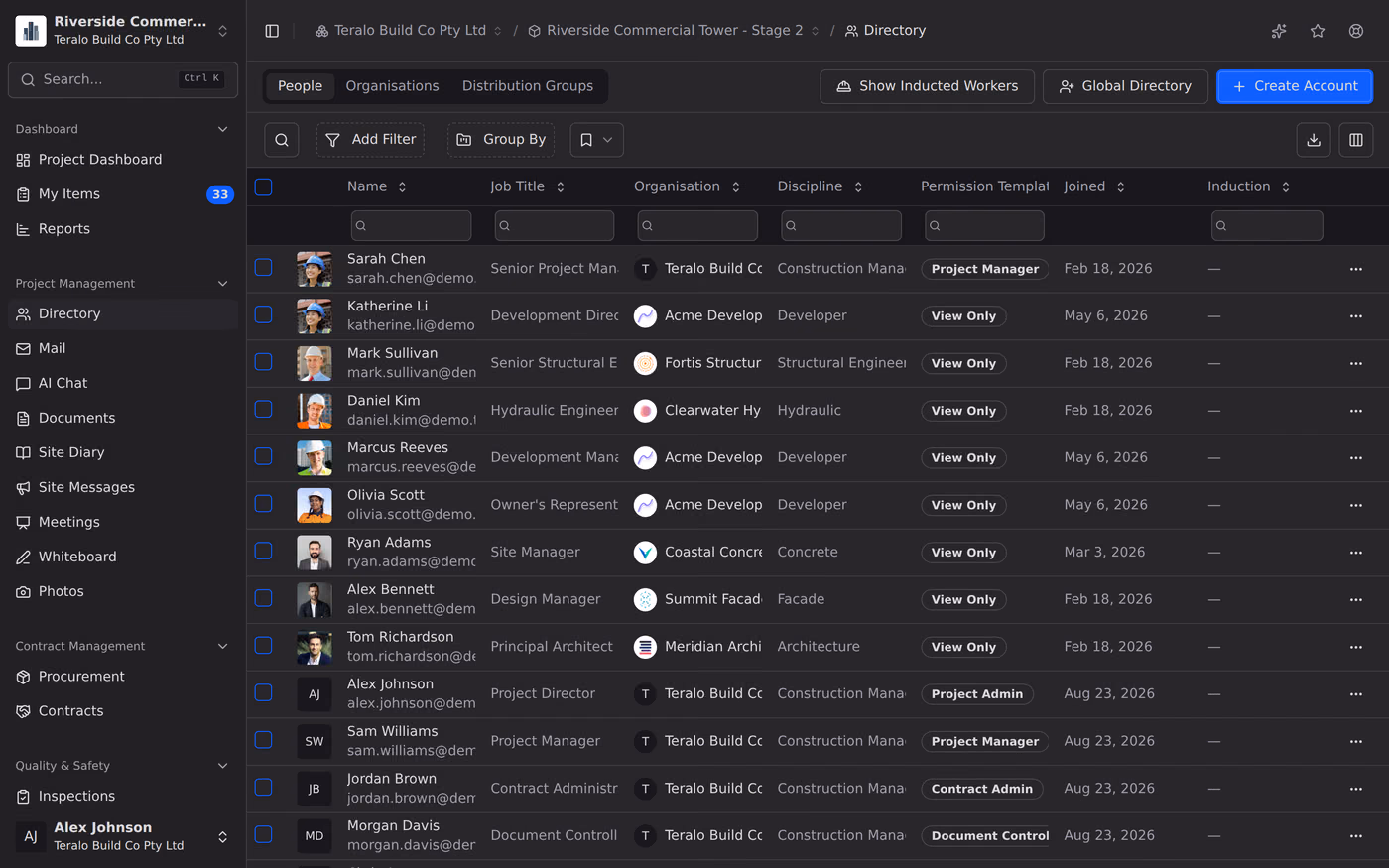 The project directory, listing each company and person on the job with their trade and role.