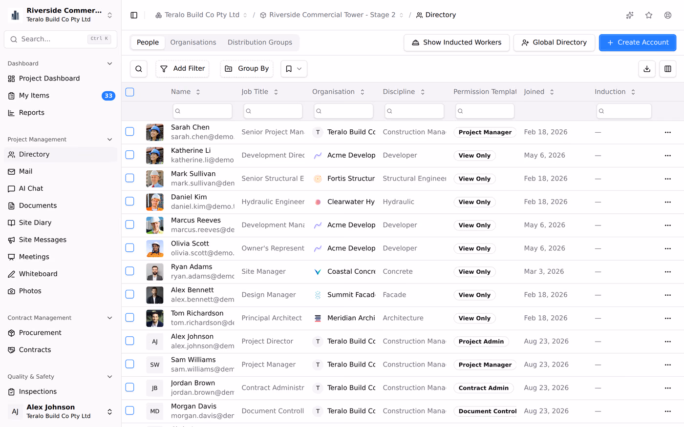 The project directory, listing each company and person on the job with their trade and role.