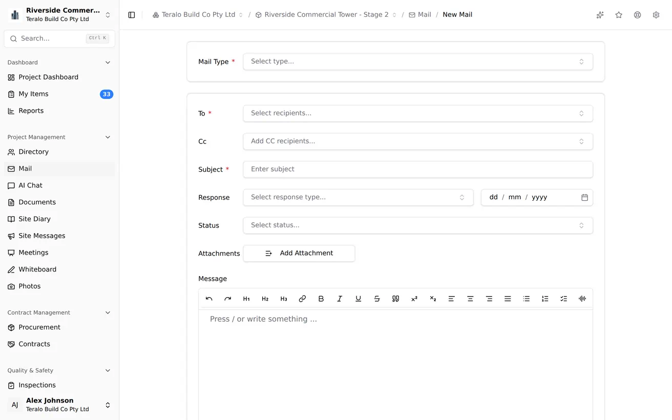 The mail attachment picker, offering documents, drawings, contracts, inspections, permits, photos and other records already in Teralo.