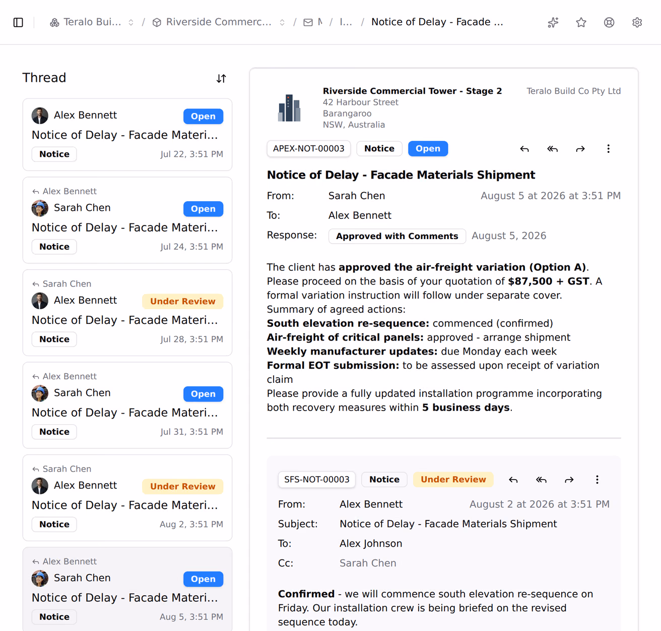 A mail thread on Notice of Delay - Facade Materials Shipment, five replies deep, each carrying its own mail number.