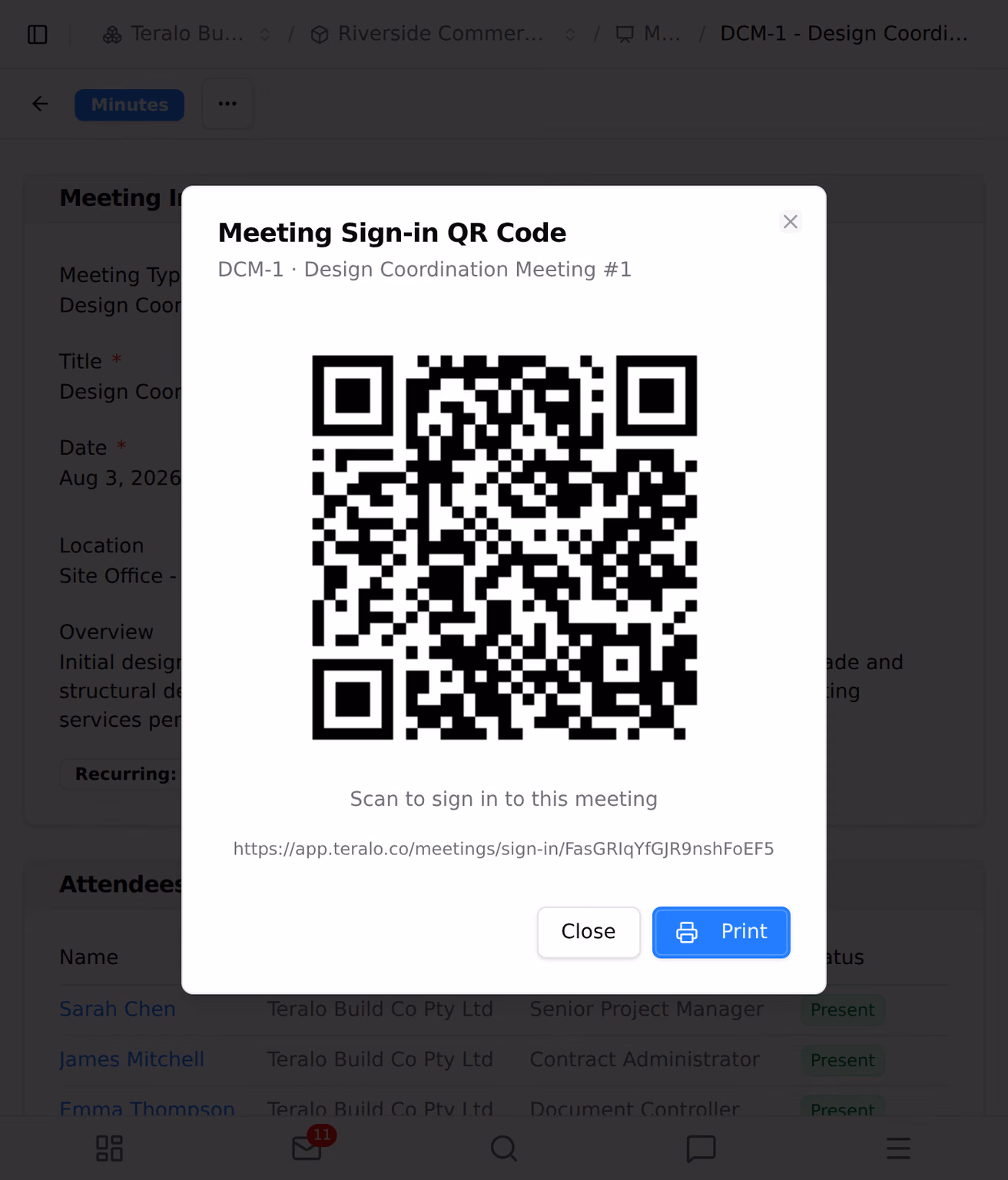 A meeting export menu showing the minutes PDF, a calendar file and QR sign-in, with the code displayed.