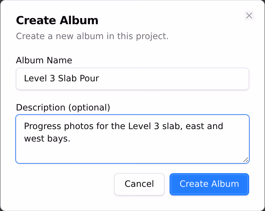 The create album dialog on the photos page, with an album name and description being filled in.