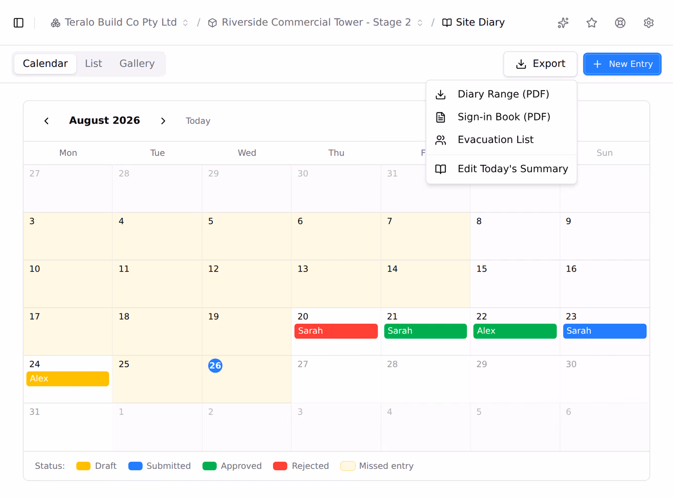 The site diary export menu, offering the diary as a PDF, the sign-in book and the evacuation list.