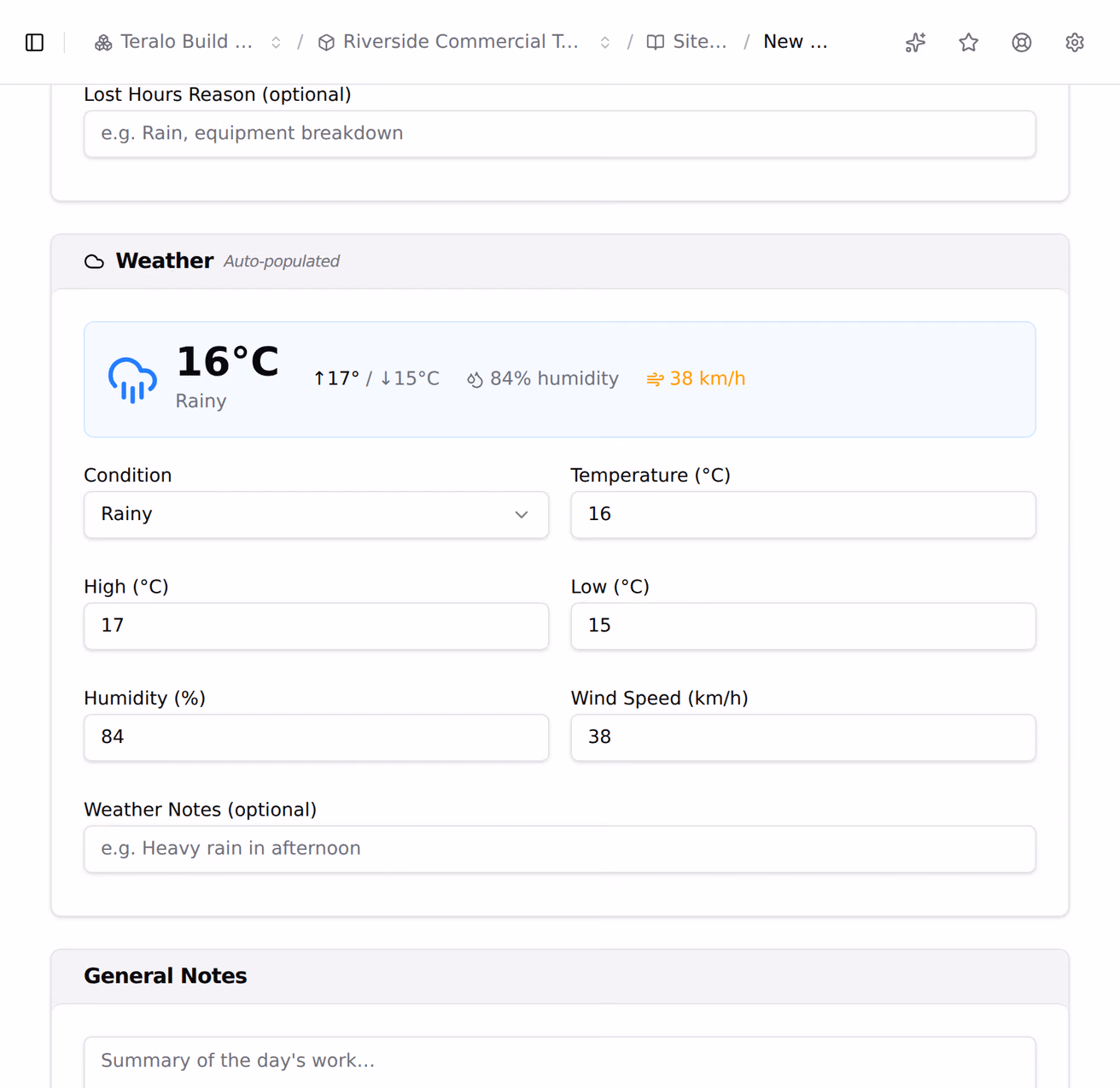 The site diary create form with a date chosen and the weather block auto-populated with condition, temperature, high, low, humidity and wind.