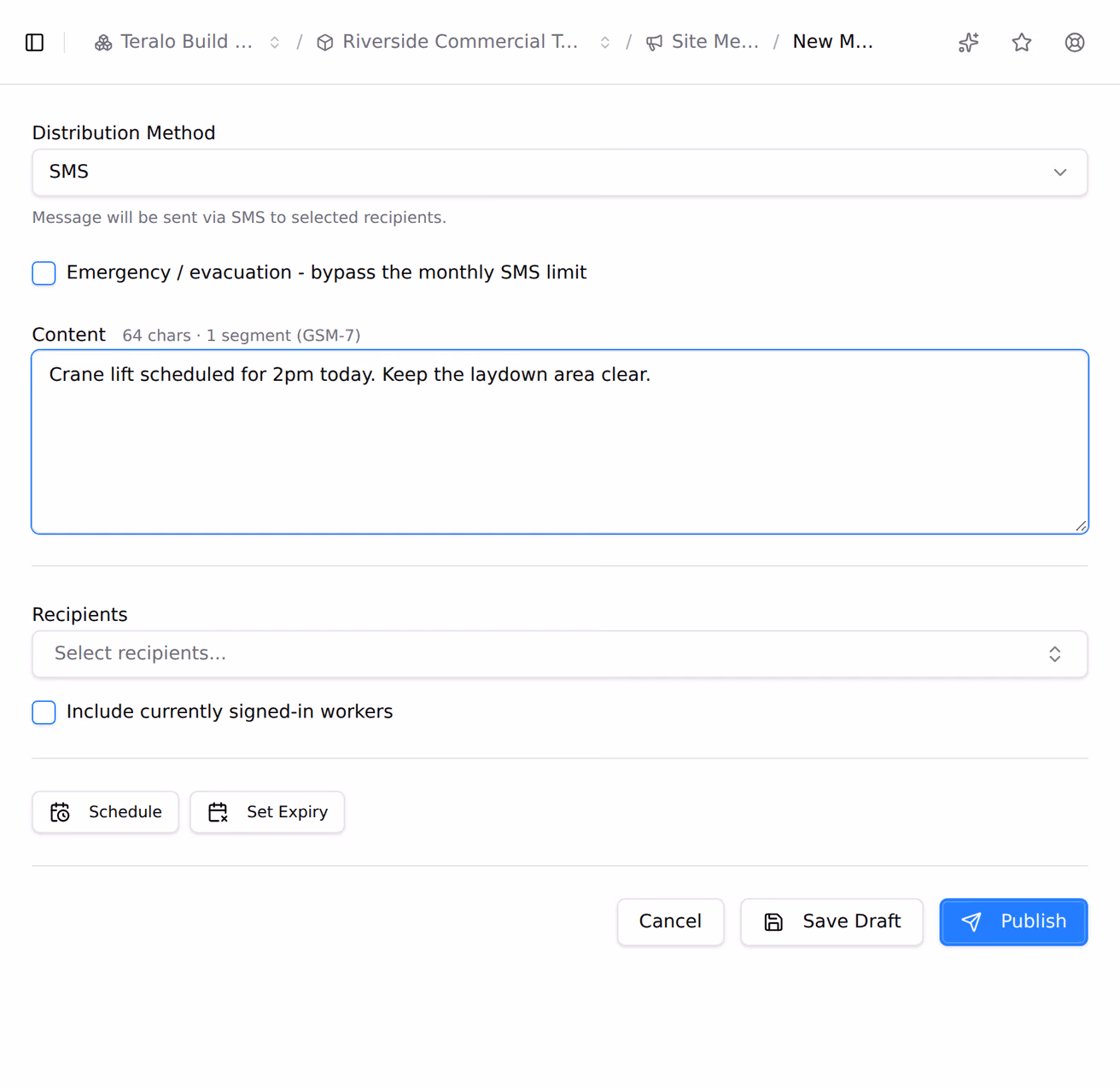 The site message form changing as the distribution method is switched between website, email and SMS, with the recipients block and the SMS character counter and emergency checkbox appearing as each is chosen.