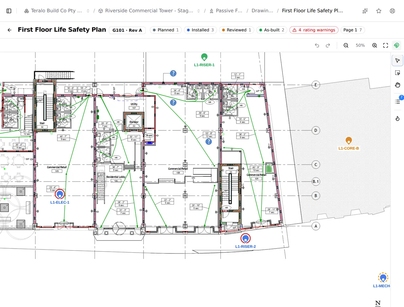 A life safety drawing carrying passive fire pins coloured by their stage, zoomed from a whole level down to a single service riser with its location reference readable.