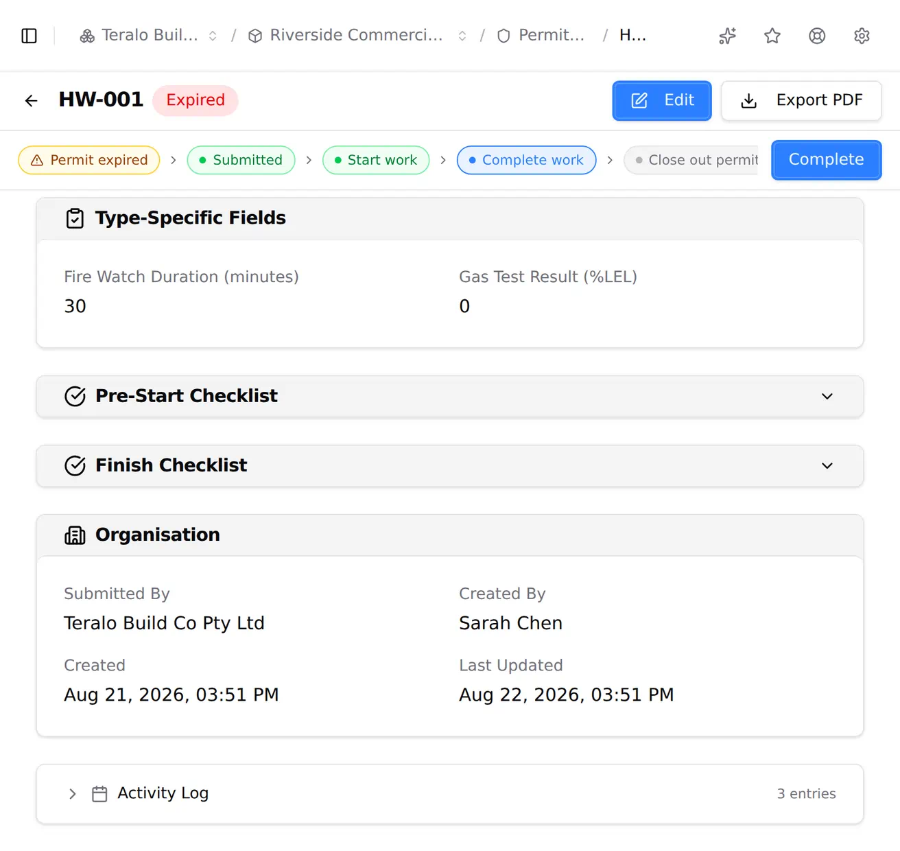 A hot works permit with its checklists collapsed to one heading each, then the pre-start checklist open on three passed items, then the finish checklist open with its items still to be answered.